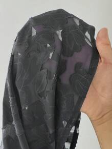 Elenzga Plus Size Women's V-Neck Puff Sleeve Textured A-Line Dress, Summer - Black - View 4