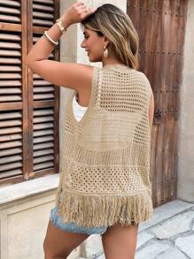 SHEIN Clasi Plus Size Women Solid Color Beach Fringe Hollow Sleeveless Cardigan - Apricot - View 2