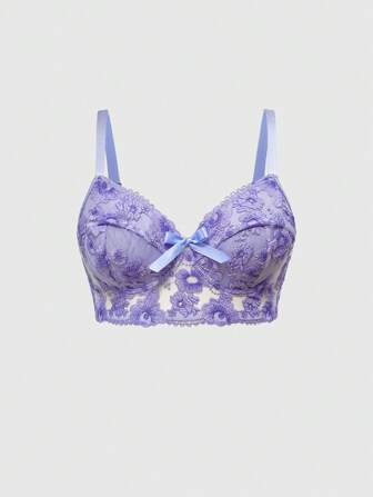 Fairycore Große Größen romantische Blumen Stickerei Unterbügel-Bustier Lingerie BH-Oberteil mit Schleife, luftiger Resort-Stil, Frühling/Sommer