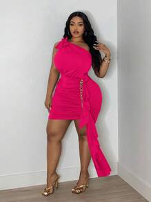 Slaydiva SLAYR Plus Elegant Luxury Brown Elastic Knit Bodycon Dress With Shoulder Tie, Chain Decor & Ruffle Trim - L, Plus Size - Hot Pink - View 6