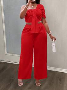 Slaydiva 2pcs Plus Size Set White Solid Color Off Shoulder Top And Long Pants, Casual & Stylish For Everyday Wear - Red - View 1