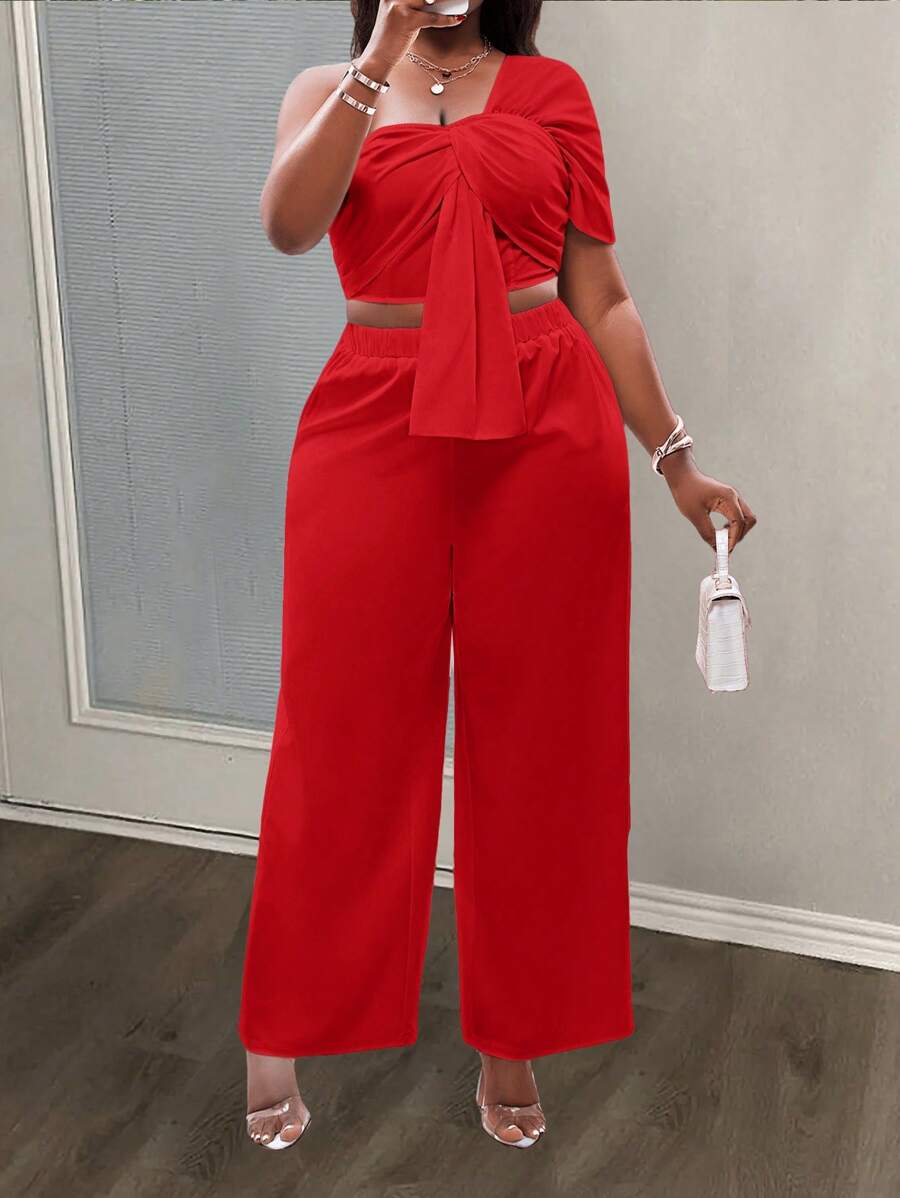 Slaydiva 2pcs Plus Size Set White Solid Color Off Shoulder Top And Long Pants, Casual & Stylish For Everyday Wear - Red - View 1
