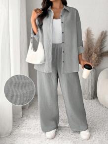 SHEIN Frenchy Bộ đồ 2 món rộng rãi thường ngày họa tiết sọc xanh trắng cỡ lớn dành cho nữ - Đen và trắng - Xem 5