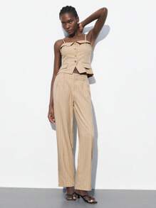 Maija 2025 New Women Chic Khaki Striped Pants,Autumn Office Casual Comfortable Fashion Beige Trousers,Music Festival Beach Vacation Urban Resort - Khaki - View 7