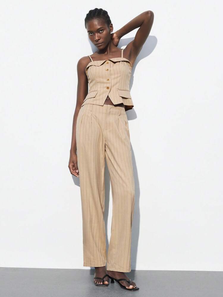 SHEIN Maija 2025년 봄/여름 신상 캐주얼 패션 편안한 여성 베이지 스트라이프 바지, 음악 축제 해변 휴가 일상 캐주얼 로맨틱 어반 리조트, 야외 활동, 파티, 결혼식, 졸업 스타일에 적합