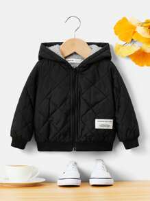 SHEIN Leap Crew Baby Boy Grey & Black Thick Quilted Hooded Jacket, Warm All-Match Solid Versatile Coat Suitable For Indoor, Outdoor & Snow Playing In Autumn/Winter