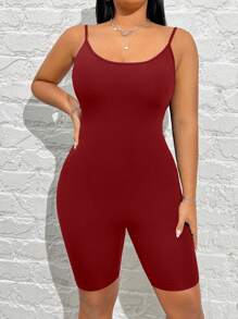 SHEIN EZwear 大码女式酒红色无袖紧身休闲连体裤，适合夏季