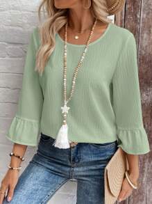 EMERY ROSE Women's Solid Color Textured Bell Sleeve Casual Vacation Shirt - Green - View 7