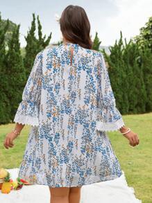SHEIN Clasi Đầm voan họa tiết hoa cổ tròn tay đèn lồng cỡ lớn cho nữ dáng rộng - trắng - Xem 2