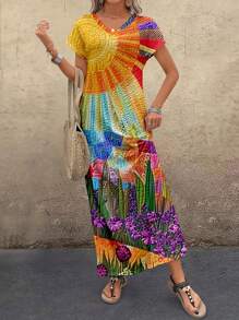 EMERY ROSE Women's V-Neck Floral Print Casual Straight Vacation Dress - Multicolor - View 4