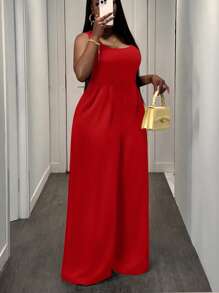 Slaydiva 优雅休闲通勤大码女式黑色无袖阔腿连体裤 - 紅色 - 查看 3