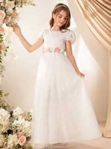 青少年女孩优雅舞会礼服，适合花童，白色蕾丝边，高腰 3D 花卉装饰，网眼长裙，时尚简约甜美礼服，适合女孩，四季皆宜 - 白色 - 查看 7