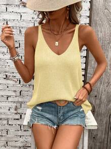Breezaya Women Sleeveless Solid Color Casual Knit Sweater Top - Yellow - View 4