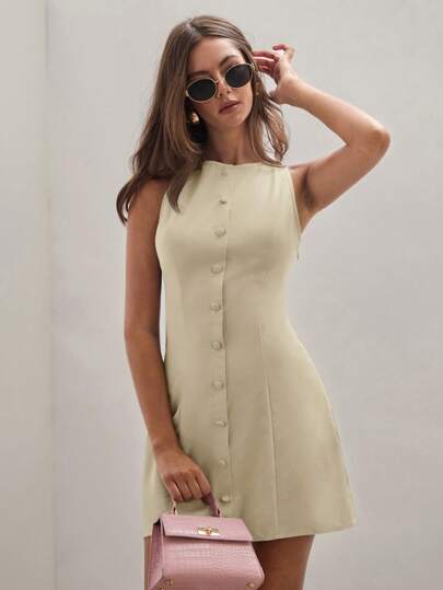 COSMINA Vestido corto de mujer de un solo pecho de cuello redondo y sin mangas de unicolor, moda