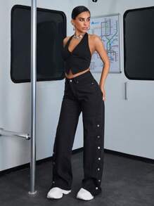 RueChic 100%Cotton Button Detail Wide Leg Jeans - Black - View 4