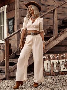 LanaWest Country Music Festival Women's Vacation Shirred Top + Wide Leg Shirred Pants Bohemian Set - Apricot - View 5