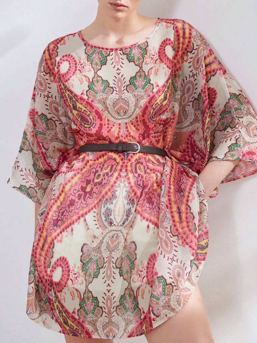 SHEIN Privé قميص نسائي فضفاض بطبعة شيفون شفاف ذو طبعة بايزلي ملونة ذو طراز عتيق أنيق ومتطور لوسائل النقل - وردي - مشاهدة 1
