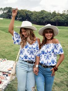 SHEIN LUNE 浪漫花卉印花加大码细肩带露肩荷叶边袖衬衫，朋友搭配牛仔女装夏季女式毕业春季女装夏季毕业复活节女装春夏季度假波西米亚复活节女式上衣