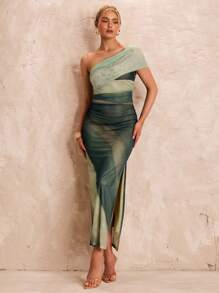 Glamine Women's Summer Green Tie-Dye Spaghetti Strap Split Hem Mesh Dress, Fitted Ruffle Vacation A-Line Gown, Women Formal Dress Women Prom Dresses Women Maxi Dresses Women Summer Dresses Women Dresses Women Short Dresses