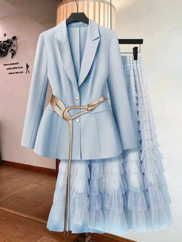 SHEIN Clasi Plus Size Women Business Formal Suit Set, Slim A-Line Layered Mesh Skirt And Jacket For Work, Spring/Summer Graduation,Back To School,Teacher Outfits For Women