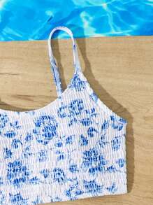 SHEIN Tween Girls' Floral Print Halter Bikini Set - Blue and White - View 3