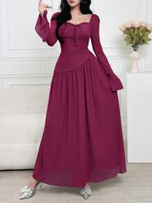 Modelyn Vestido feminino cor sólida bordô decote coração manga flare, elegante - Violeta vermelha - Ver 3