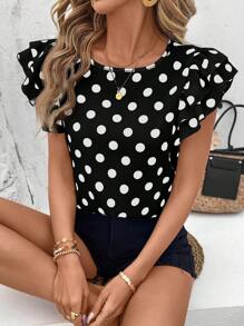 SHEIN LUNE Áo cánh tay bèo nhún chấm bi hai lớp thời trang dành cho nữ, phù hợp cho mọi mùa - Đen và trắng - Xem 3