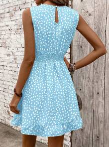 SHEIN Clasi Sleeveless Smocked Waist Printed Dress, Refreshing Sleeveless Design Suitable For Summer, Smocked Waist Outlines A Slim Waistline, Unique Printed Fabric Is Eye-Catching, Length To Thighs Shows Long Legs, Casual And Versatile With Full Vitality - Blue - View 2
