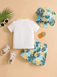 3 件套男童婴儿度假花卉拼布圆领针织短袖上衣、松紧腰短裤和太阳帽套装、男婴服装、儿童服装、夏季、6 个月至 3 岁 - 彩色 - 查看 2