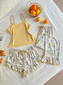 CottageSlumber Bộ 3 áo hai dây họa tiết hoa nhỏ xinh, quần dài và quần short bộ đồ ngủ mùa lễ hội, họa tiết hoa lộng lẫy ấm áp và thanh lịch - Màu vàng - Xem 4