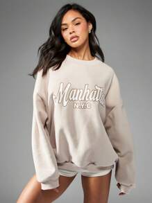 MISSGUIDED Manhattan NYC Varsity Collegiate Oversized Sweatshirt Streetwear Athletic Urban Fall Winter Loungewear Long Sleeve Pullover Sports Casual - Khaki - View 5