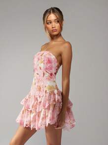 MISSGUIDED Floral Broderie Anglaise Mini Dress Strapless Tiered Ruffle Summer Party Wedding Guest Spring Eyelet Lace Garden Party Easter Brunch - Pink - View 8