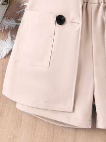 SHEIN Elladie kids 3 件套年轻女孩商务套装：黑色针织罗纹吊带背心上衣、背心夹克、短裤 + 帽子，儿童办公室通勤装 - 卡其色 - 查看 5