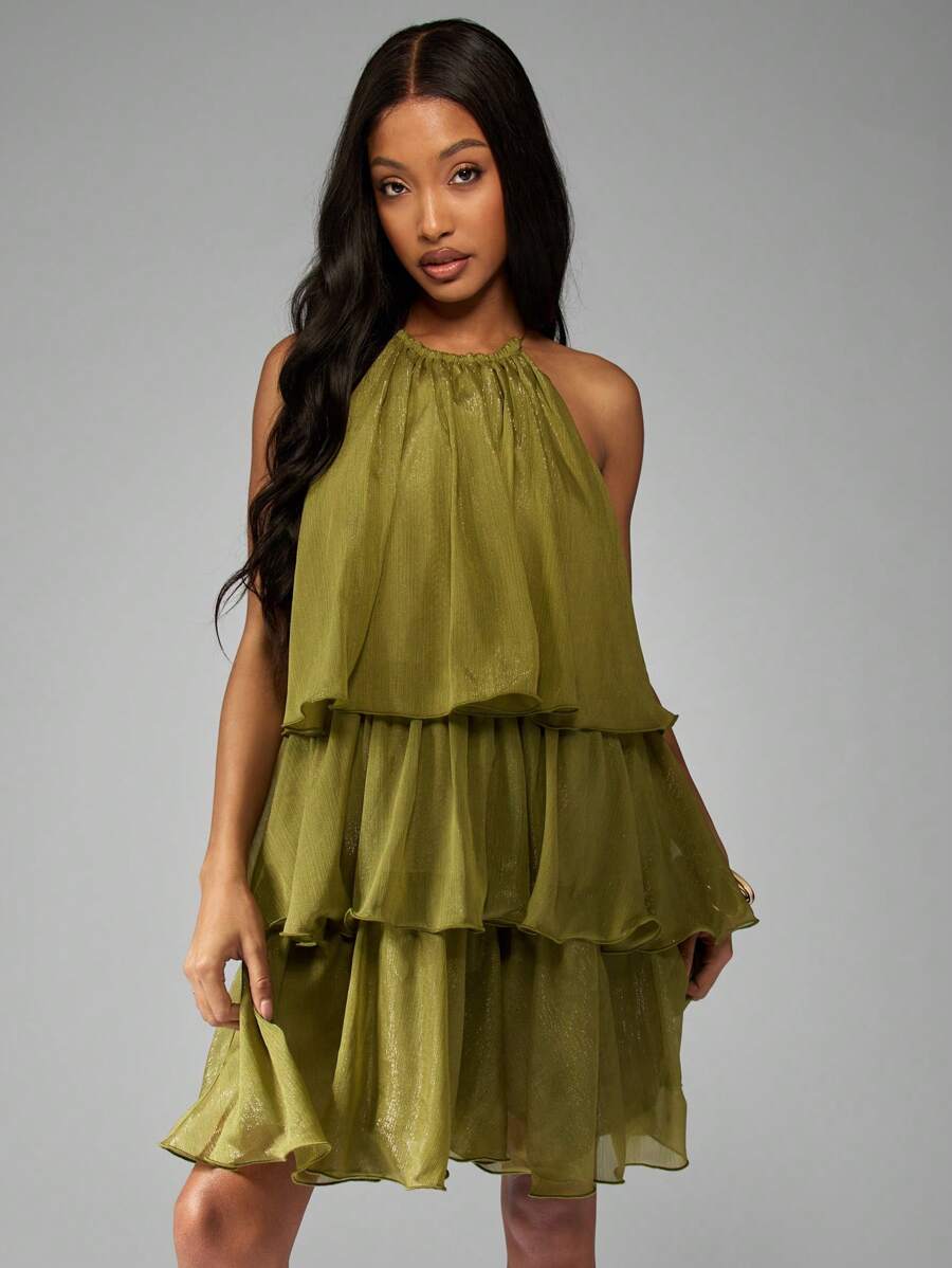 MISSGUIDED PLUS Plus Size Tiered Ruffle Shift Dress Sleeveless Wedding Guest Party Holiday Layered Special Occasion Knee Length Summer Spring - Green - View 1