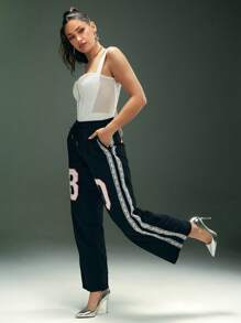 Denimoi Athletic Logo Lace Trim Pants - Black - View 6