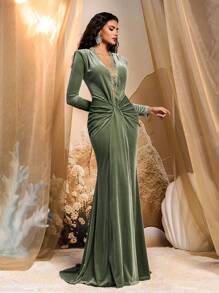 Glamrae Robe de soirée élégante en velours, décolleté plongeant sexy, épaulettes en dentelle, manches longues, taille froncée, ourlet fishtail maxi. Robe de soirée, robe de mariée, robe pour invité de mariage, robe de soirée, pour la Saint-Valentin - Vert - Voir 7