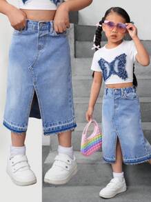 SHEIN 年轻女孩蓝色不对称牛仔裙 - 淺色水洗藍 - 查看 1