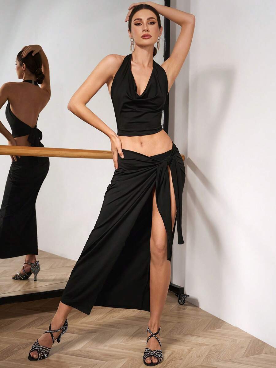 Dansine 女式垂领开衩下摆上衣和裙子舞蹈服装套装