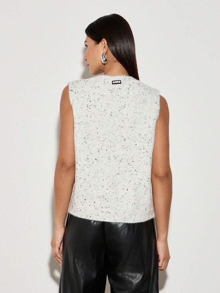 AiiRZ Chaleco sin mangas con botones de punto moteado, suéter de cárdigan de cuello en V clásico para otoño e invierno, ropa de oficina casual y cálida de punto