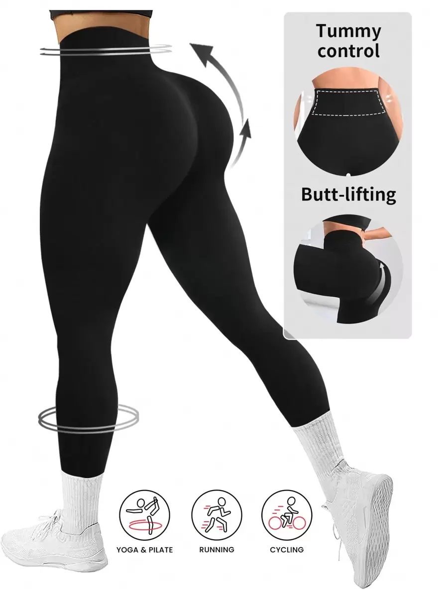 Easithlete Solid Wideband Waist Sports Leggings Yoga Women Pants - Black - View 1