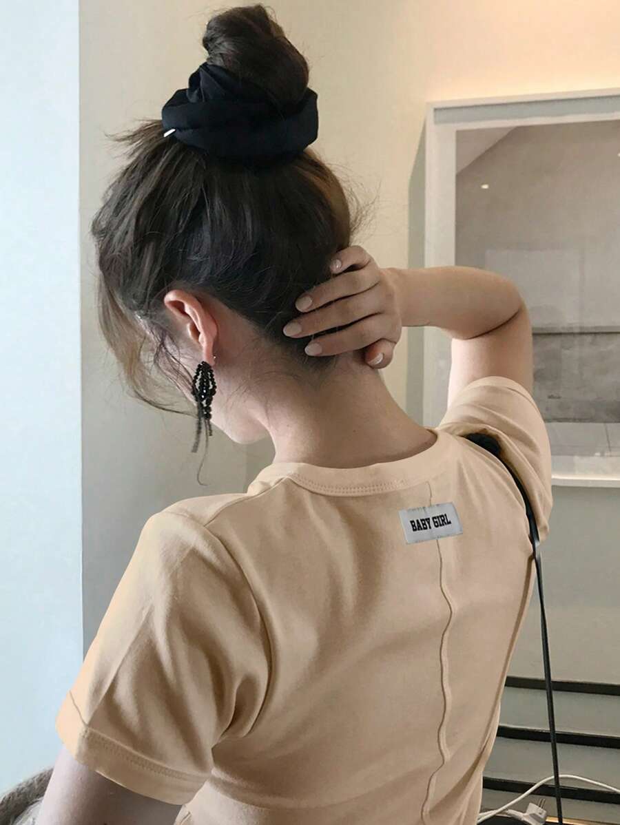 DAZY T-shirt blanc col rond ajusté unicolore pour femme, manches courtes, printemps/été