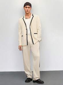 Manfinity VCAY 2 件套男女款休闲针织拼布无领夹克和松紧腰直筒裤套装，适合日常穿着