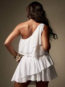 MISSGUIDED One Shoulder Ruffle Layered Summer Mini Dress Linen Feel Bohemian Festival Beach Pool Party Cut Out Midriff Resort Wear - White - View 2