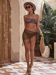 Swim Vcay 女士棕色流苏网眼针织打结透明罩衫，性感海滩音乐节服装，春夏 - 巧克力棕 - 查看 4