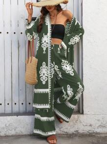 Breezaya Bohemian Style Print 2 Pieces Kimono Set For Women, Suitable For Holiday Fall Cloth For Women