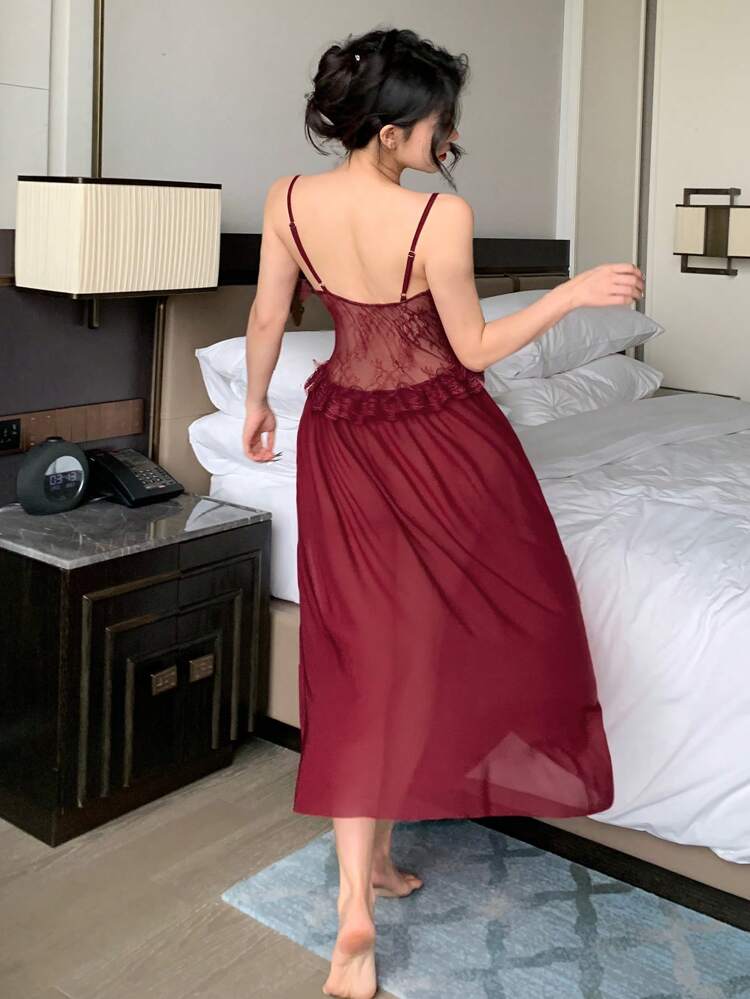 Sheer Mesh & Lace Patchwork Ruffle Waist Adjustable Strap Mid-Length Women's Sexy Nightgown Red Women Dresses Lingerie For Women