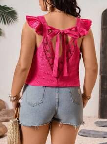 SHEIN Clasi Plus Size Pleated Textured Tie-Front V-Neck Ruffle Trim Cutout Back Summer Vacation Blouse - Hot Pink - View 2