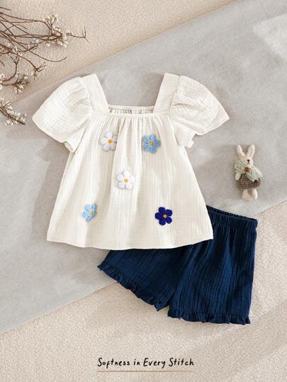 Cozy Pixies 2 件装女婴花卉压花领泡泡袖套头衫和松紧腰长裤套装