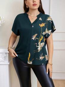 SHEIN Clasi Plus Size V-Neck Short Sleeve Casual Shirt, Suitable For Summer - Teal Blue - View 5