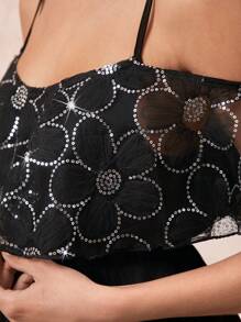 SHEIN Clasi Wedding Guest Dress Women,Sparkling Sequin Flower Embroidery Lotus Leaf Folding Waist A-Line Short Dress - Black - View 2